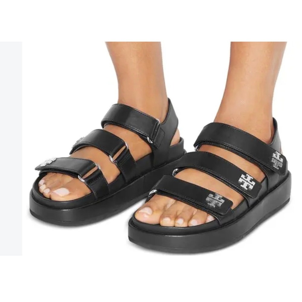 Tory Burch Kira Sport Sandal Black Leather Platform Silver Logo Strappy 11
